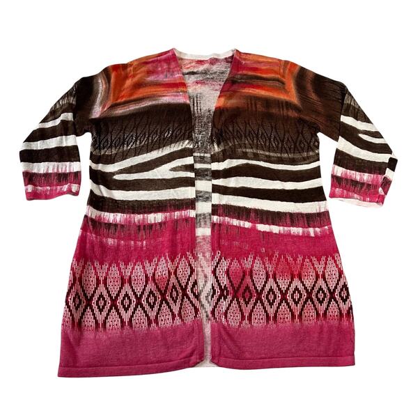 Chico's Tribal Chic Strom Cardigan Size Small/6 Linen Cotton Open 3/4 Sleeve - Picture 1 of 6